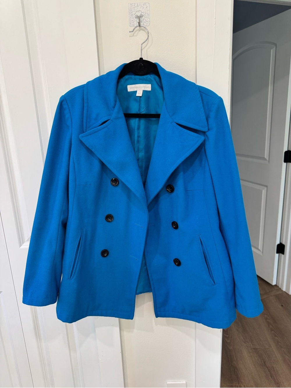 New York & Company Wool-Blend Vibrant Blue Double-Breasted Peacoat
